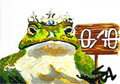 Close-up of 0/10 art print featuring a crowned green frog holding a 0/10 rating sign