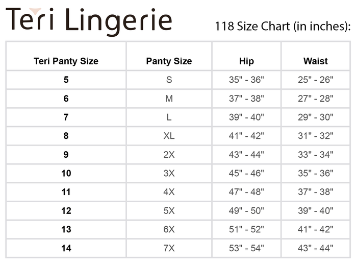 The Teri Lingerie 100% Cotton Cuff Leg Panty, Three Pack in White (118), is available in sizes 5–14, with measurements from S (hips 35–36”, waist 25–26”) up to 7X (hips 53–54”, waist 43–44”).