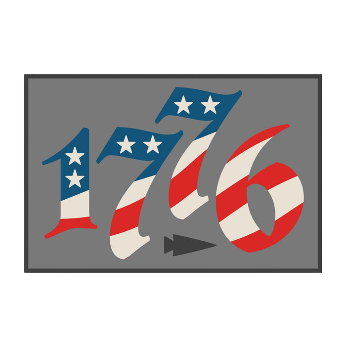 The 1776 Ruck features stars and stripes in the style of the American flag on a gray background—ideal for celebrating Independence Day or motivating your next 17.76 mile ruck challenge.
