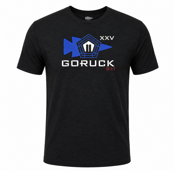 The 9/11 25th Anniversary Commemorative T-Shirt is a black limited edition tee featuring “GORUCK XXV 9/11” text, a Pentagon graphic, and a blue arrow pointing left—an ideal tribute to honor and remember the anniversary.