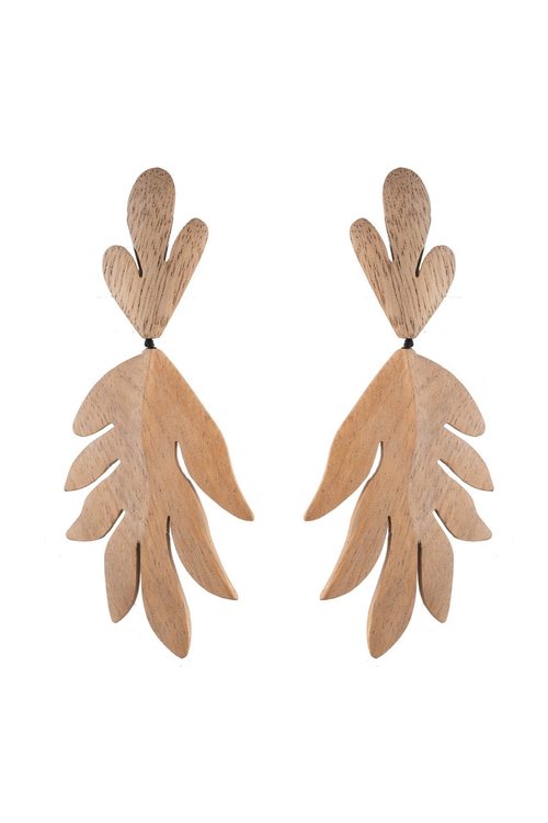 Acacia Wood Tan Leaf Clip Earrings