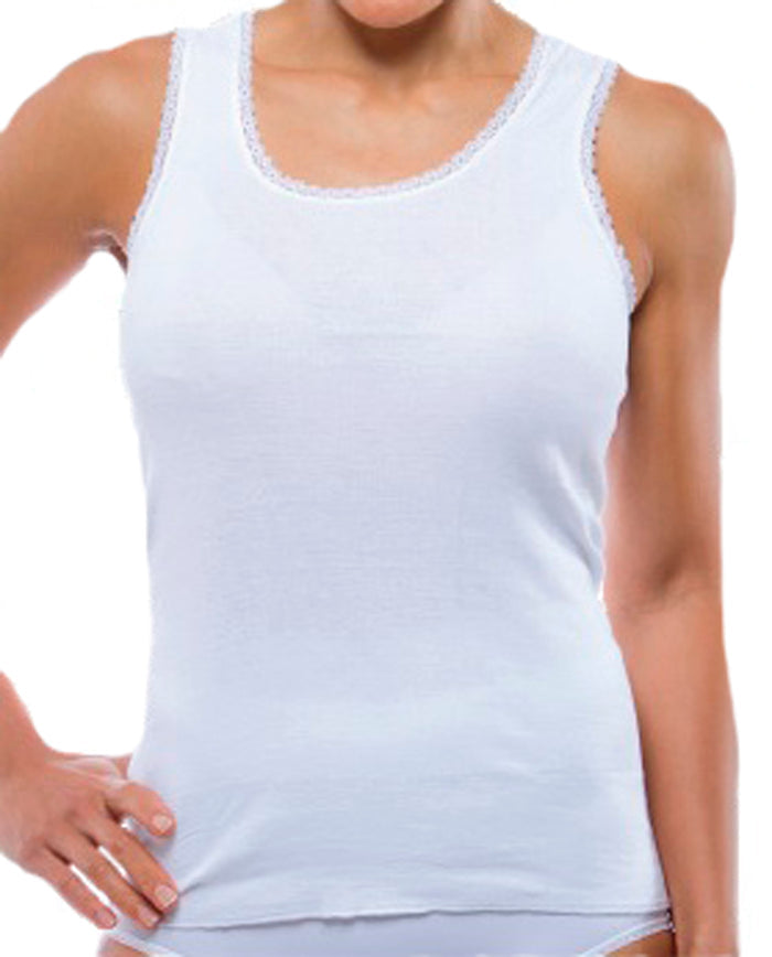 A person wears the Teri Lingerie All Cotton Comfort Tank (Style 1515), featuring lace trim at the neckline and armholes, standing with one hand on their hip against a plain background.
