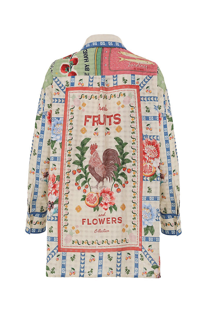 Anastasia Shirt with multicolor placement print featuring rooster, cherries, flowers, and Fresh Fruits text on beige linen fabric