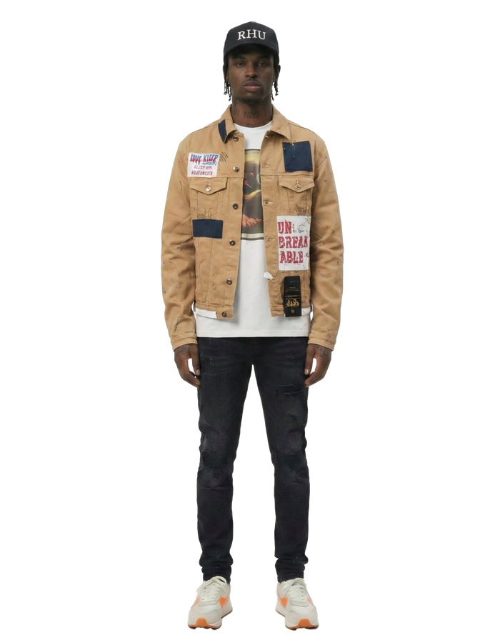 Antelope Men's graphic print patches with cut and sew cotton timber washed stretchable twill jacket