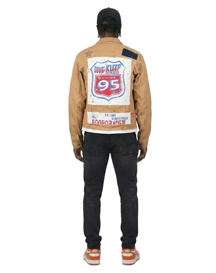 Antelope Men's graphic print patches with cut and sew cotton timber washed stretchable twill jacket