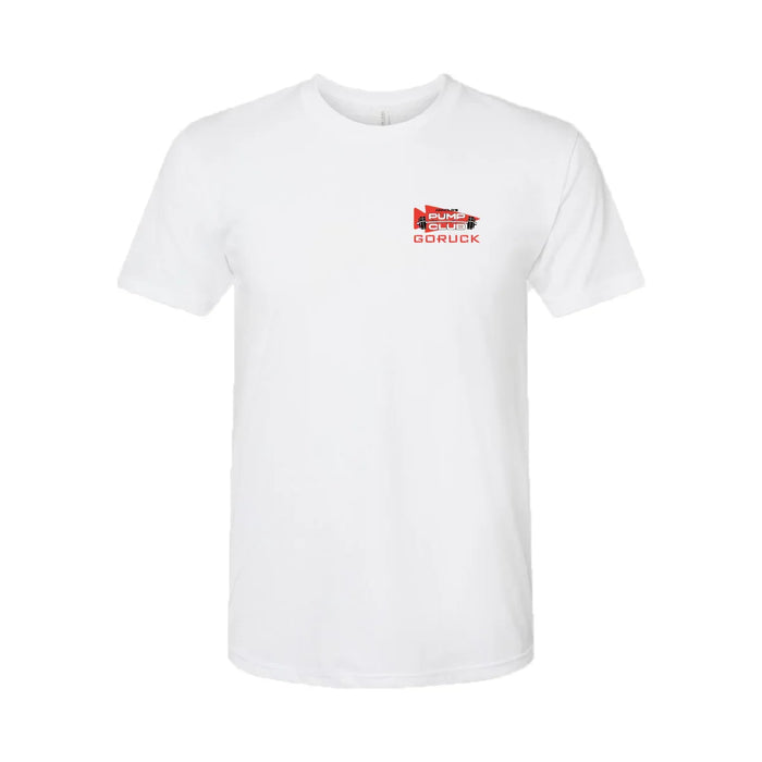 White GORUCK t-shirt with red Pump Club logo on chest, rucking gear apparel