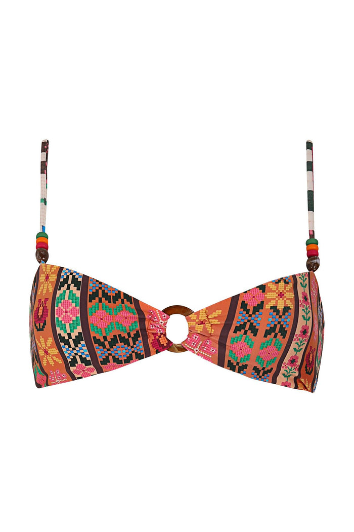 Auriana bandeau bikini top with multicolor geometric print featuring diamond and pattern detail shapes, center ring detail, and braided straps with c…