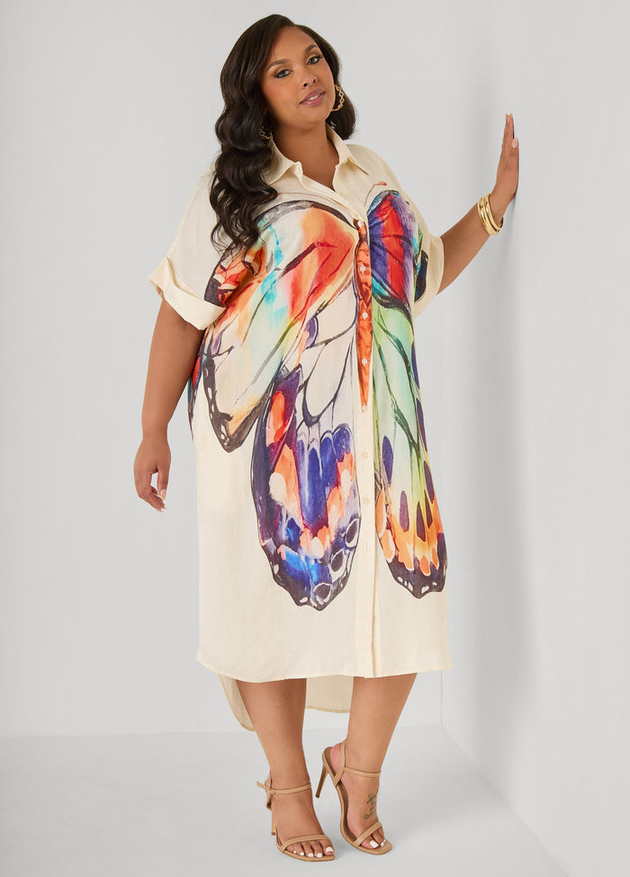 Butterfly Print Hi Low Shirtdress