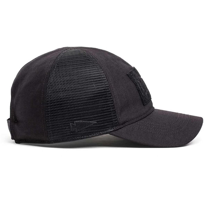 GORUCK black mesh trucker hat with spearhead logo and Velcro patch, side view