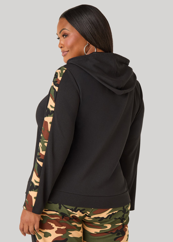 Camo Trimmed Textured Hoodie