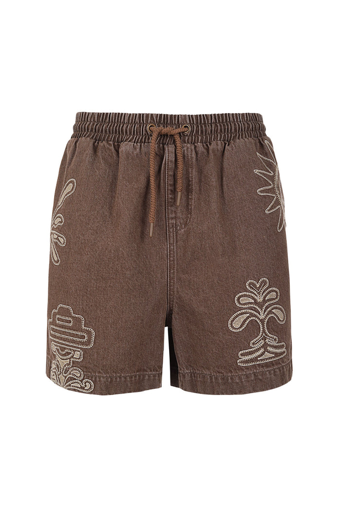 Brown shorts with elastic waistband, drawstring closure, and cream embroidered curved decorative patterns on front and sides