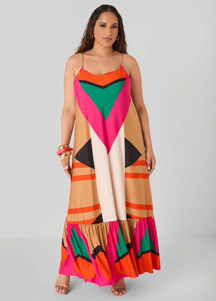 Chain Trimmed Geo Print Maxi Dress