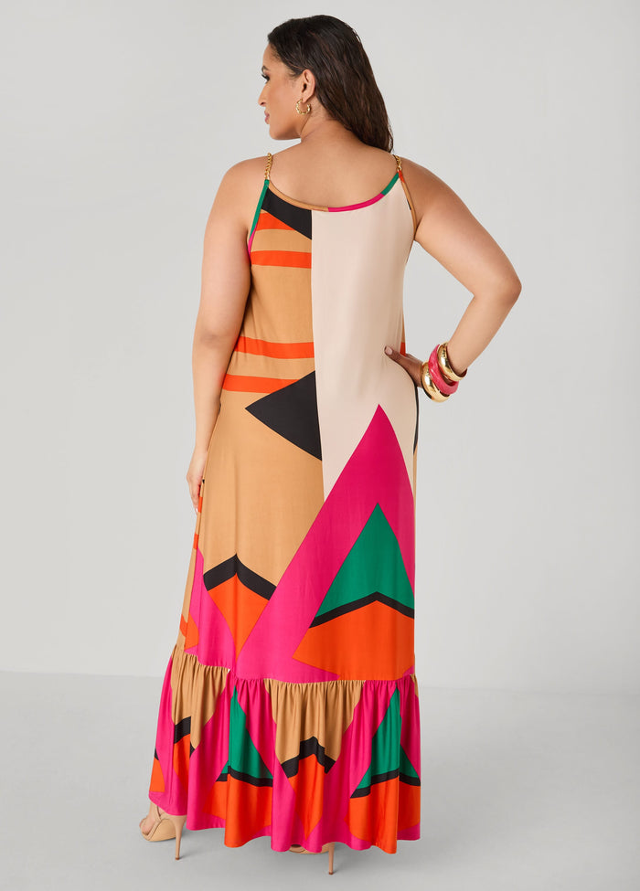 Chain Trimmed Geo Print Maxi Dress