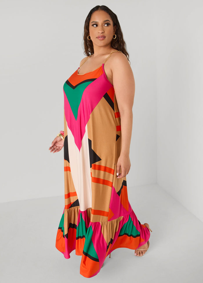 Chain Trimmed Geo Print Maxi Dress