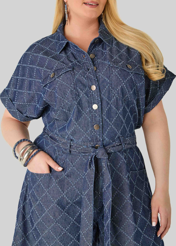 Checked Distressed Denim Romper
