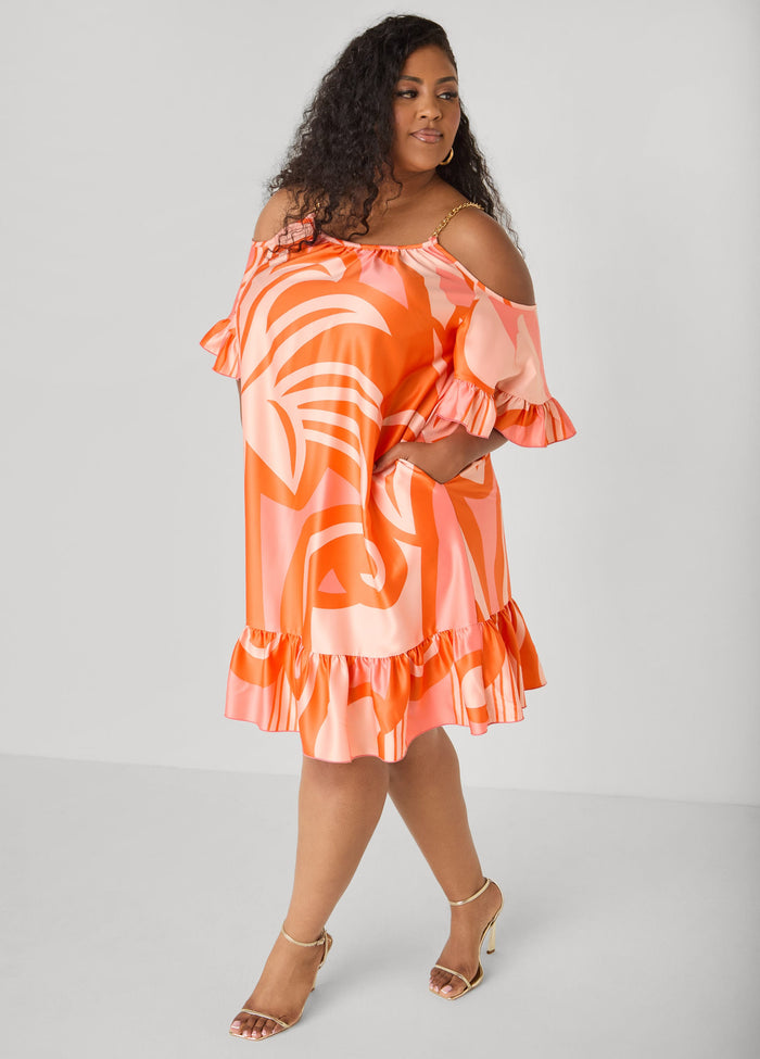 Cold Shoulder Tropical Print Dress