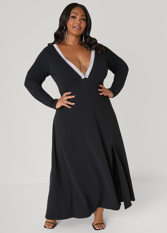 Crystal Embellished V Neck Gown