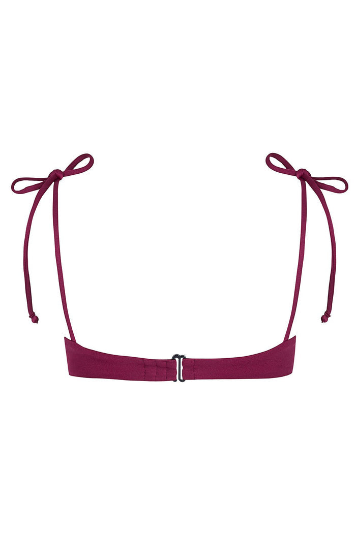 Donna bikini top in burgundy with tie shoulder straps and center clasp closure