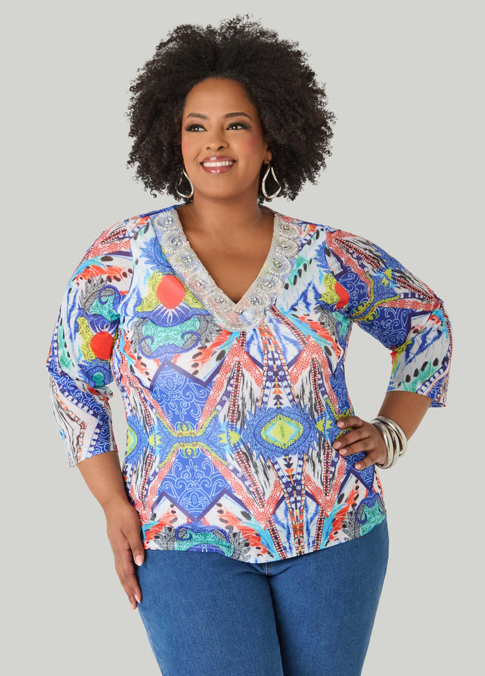 Embellished Printed Mesh Top