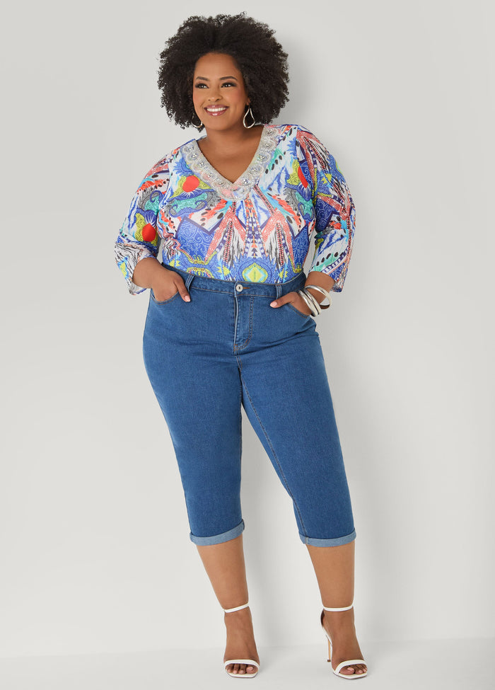 Embellished Printed Mesh Top