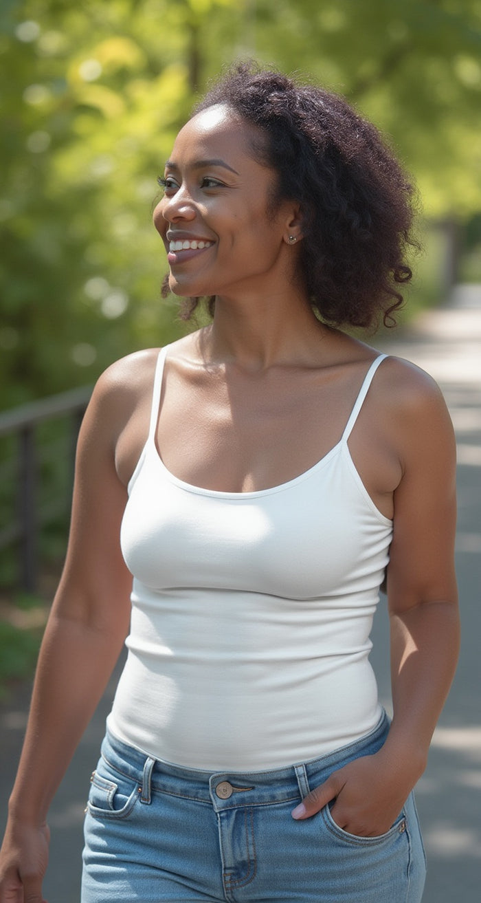 A woman in a slim fit Teri Lingerie Essential Shelf-Bra Layering Cami (Style 1501) and blue jeans smiles while walking outdoors on a sunny day, with green trees in the background.