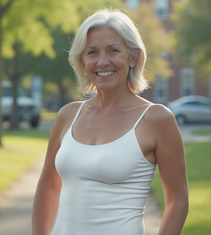 A smiling older woman with short gray hair wears the Teri Lingerie Essential Shelf-Bra Layering Cami (Style 1501) outdoors on a sunny day, green trees and blurred cars in the background.