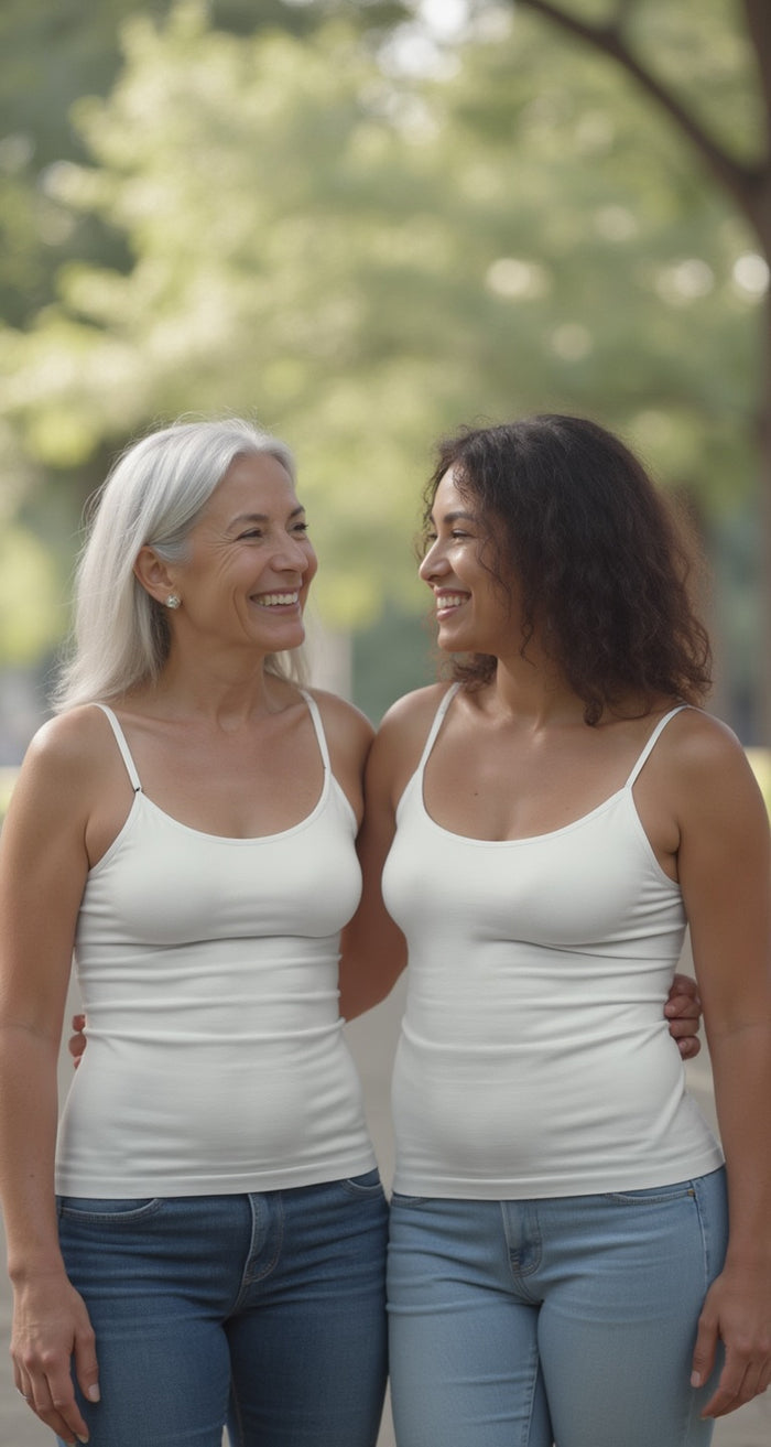Two women—one older with gray hair, one younger with curly dark hair—stand outdoors in matching Teri Lingerie Essential Shelf-Bra Layering Cami (Style 1501), smiling at each other amid trees and sunlight.