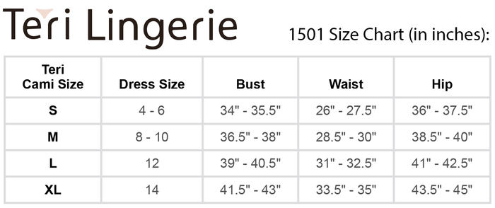 Teri Lingerie's Essential Shelf-Bra Layering Cami (Style 1501) size chart lists S–XL with corresponding dress sizes, bust, waist, and hip measurements (in inches) for each size.