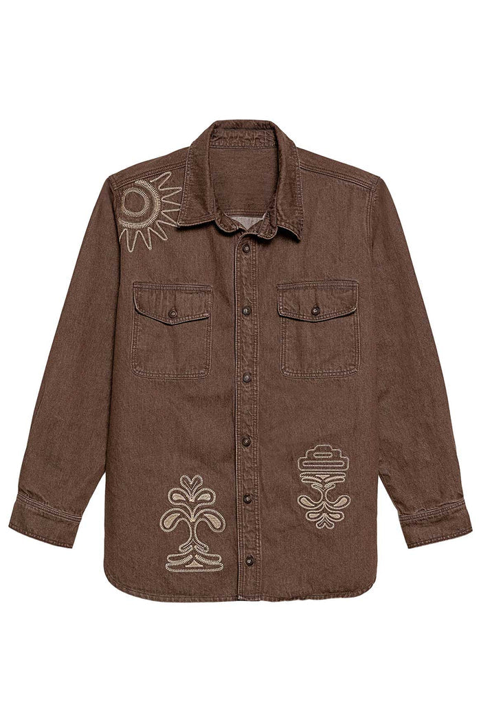 Brown button-front shirt with embroidered sun and palm tree details on chest and hem