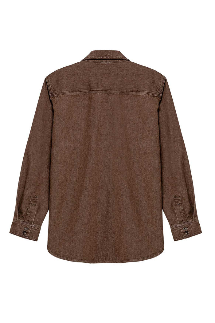 Ethan Shirt in brown denim with machine-embroidered details, front pockets, and button cuffs, back view