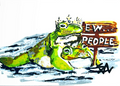 Ew...People 5x7 art print featuring two crowned frogs lounging beside a wooden Ew People sign
