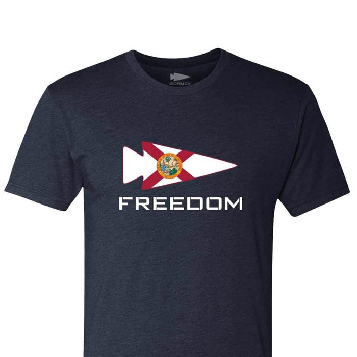 GORUCK navy t-shirt with Florida flag arrowhead and 'FREEDOM' text graphic on chest