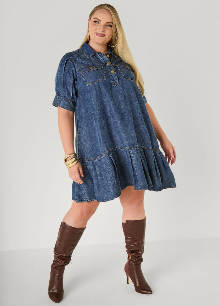 Flounced Stonewash Chambray Dress