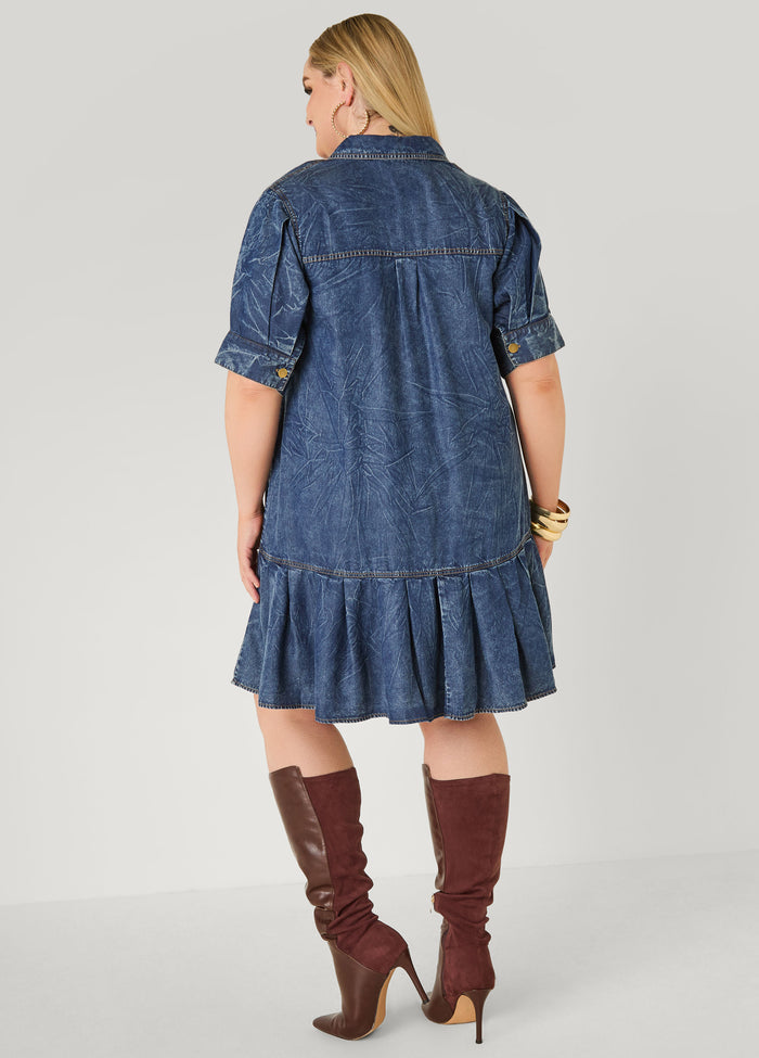 Flounced Stonewash Chambray Dress