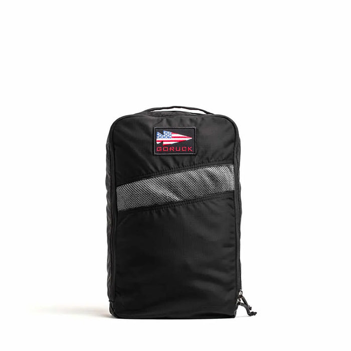 GORUCK black shoe bag with mesh panel and American flag patch on white background
