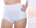 A person in Teri Lingerie Full Coverage, Elastic Leg Cotton Briefs (Assorted Pastel 10-Pack, Style 122PA) stands beside a neatly stacked set of yellow, peach, pink, and blue underwear.