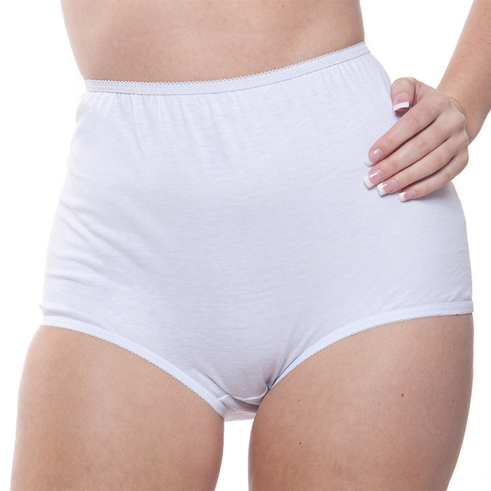 A person models Teri Lingerie's Full Coverage, Elastic Leg, Cotton Brief in assorted pastels (10-Pack, Style 122PA), standing with one hand on their hip against a white background.