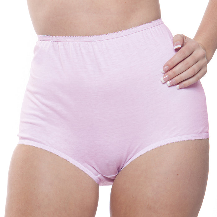 A person is shown from mid-torso to upper thighs wearing a Teri Lingerie Full Coverage, Elastic Leg, Cotton Brief in light pink from the Assorted Pastel 10-Pack (Style 122PA), with a hand resting on their hip.