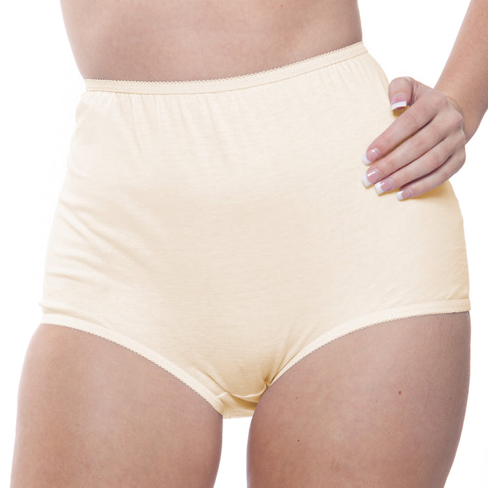 A person models Teri Lingerie’s Full Coverage, Elastic Leg Cotton Brief from the Assorted Pastel 10-Pack (Style 122PA), hand on hip to showcase the comfortable, breathable fit and style.