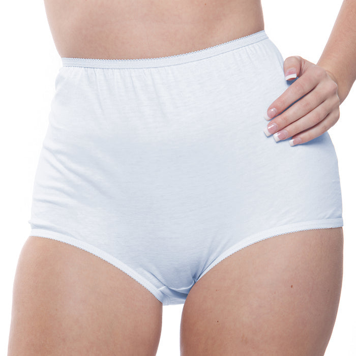 A person models Teri Lingerie’s Full Coverage, Elastic Leg, Cotton Brief from the Assorted Pastel 10-Pack (Style 122PA), light blue variant, shown close-up on the lower torso and upper thighs with a hand on their hip.