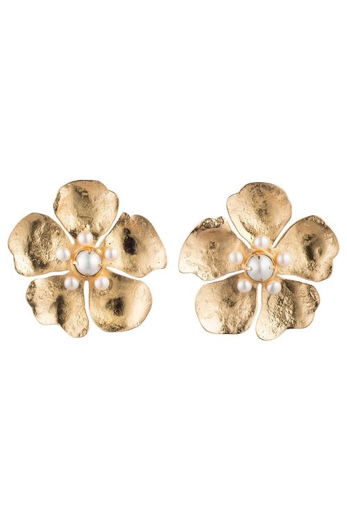 Gold Brass Peony Clip Earrings With Pearl