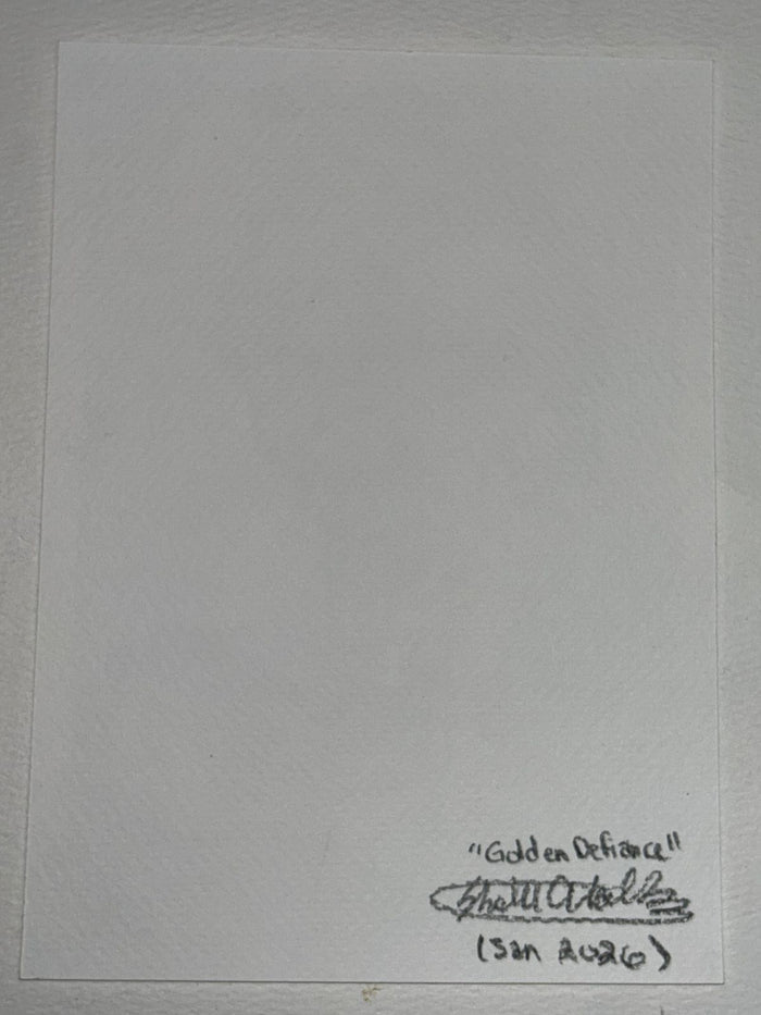 Back of Golden Defiance art print showing the handwritten title, artist signature, and date