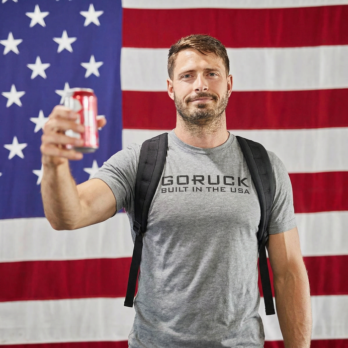 Man in a gray "GORUCK Built in the USA Tee - Tri-BlendX" holding a soda can, standing before a large American flag.