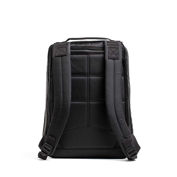 GORUCK black rucksack backpack, padded straps, rugged design, shown from back, white background