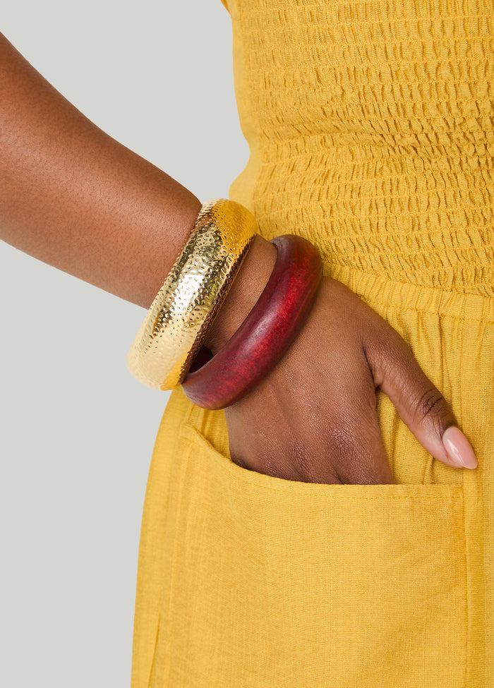 Hammered Gold And Wood Bangle Set
