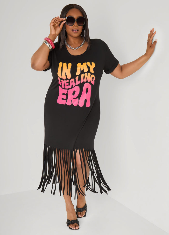 Plus Size In My Healing Era Black Short Sleeve Maxi T Shirt Dress