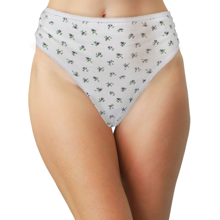 Model wearing Teri Lingerie High Waist Cotton Bikini Assorted Print 3 Pack, featuring a white base with green and purple floral design, shown from waist to mid-thigh against a white background.