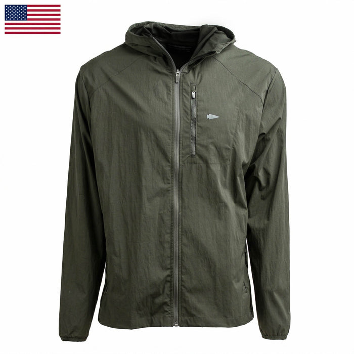 The Indestructible Challenge Windbreaker is an olive green hooded jacket with a front zipper, small logo, and abrasion-resistant ToughDry fabric. Shown on a white background with a US flag in the corner.