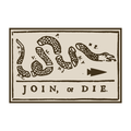 The Join or Die Ruck features the iconic segmented snake labeled with colonies and "JOIN, or DIE."—a Benjamin Franklin political cartoon from the French and Indian War, first published in the Pennsylvania Gazette.