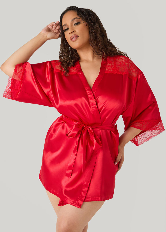 Plus Size Lace Paneled Satin Robe